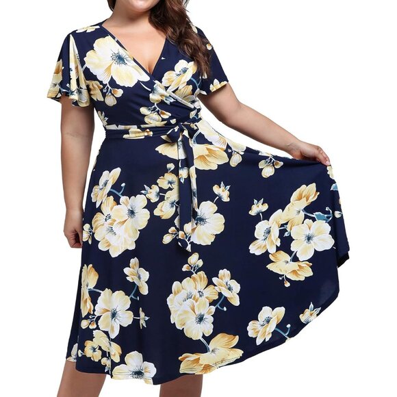 Plus Size Midi Dress Floral V Neck Pockets Sleeves Summer Casual Elegant - Picture 3 of 6